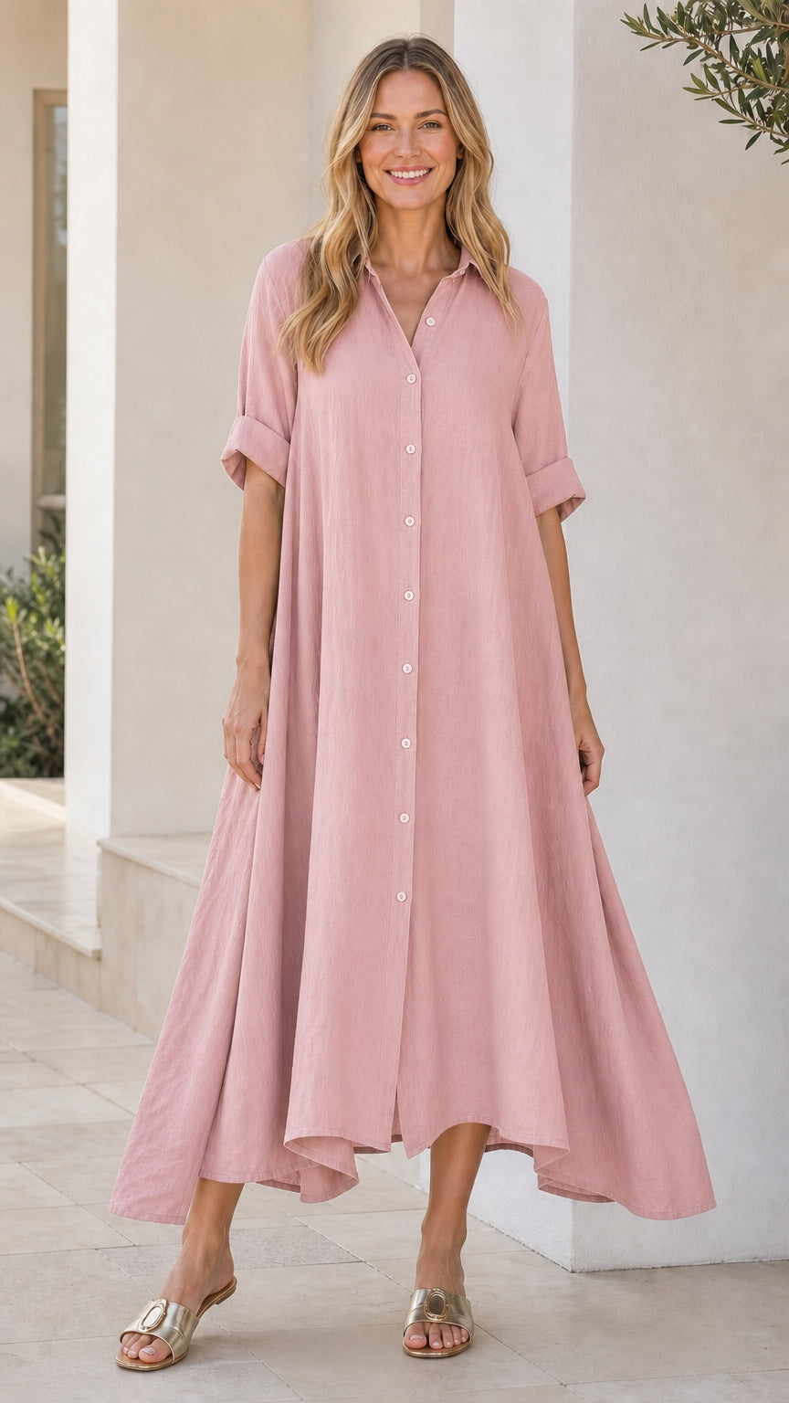 Front view of woman wearing blush pink button-down midi shirt dress