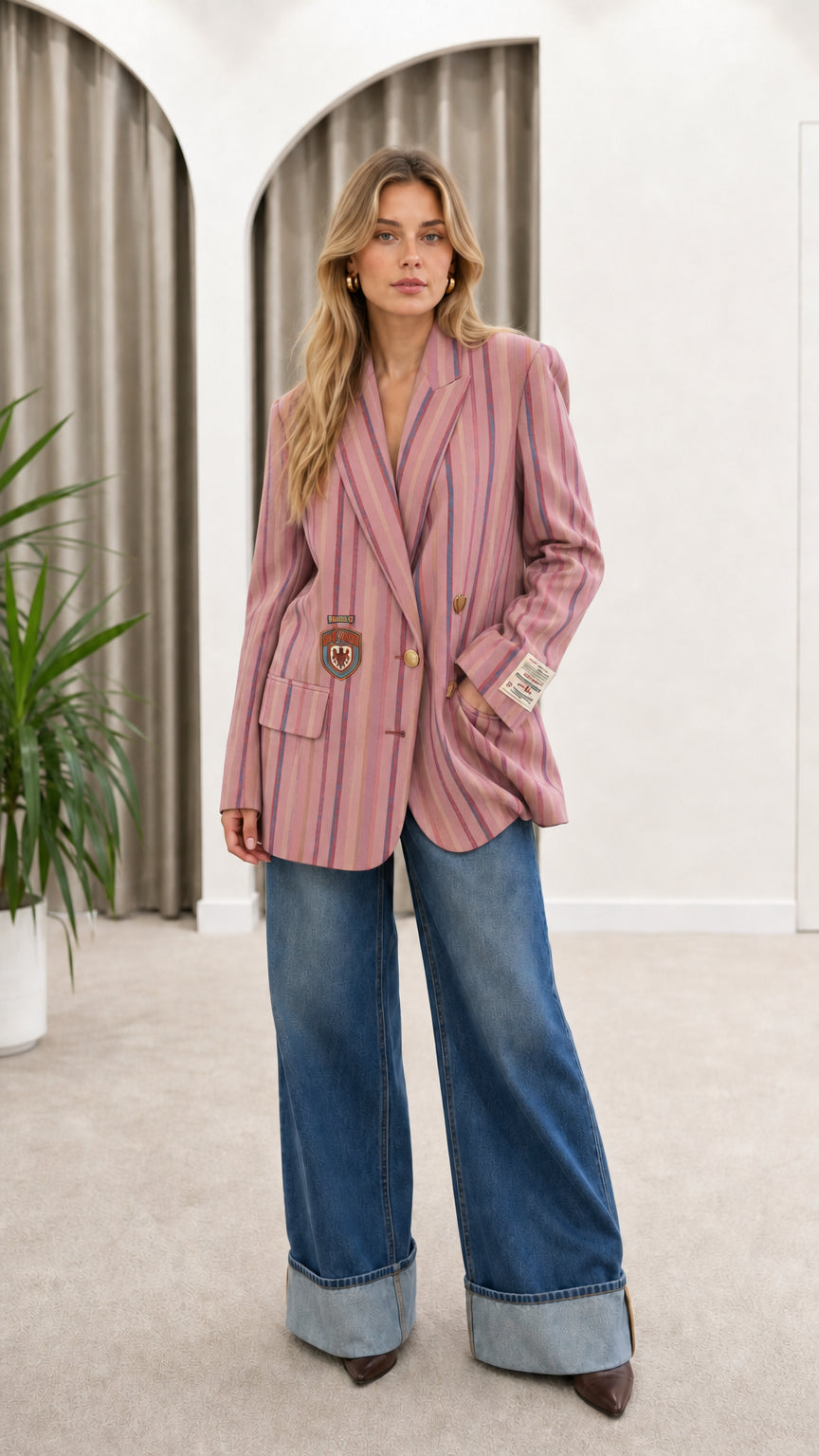 Model wearing Dusty Pink striped preppy crest blazer with denim