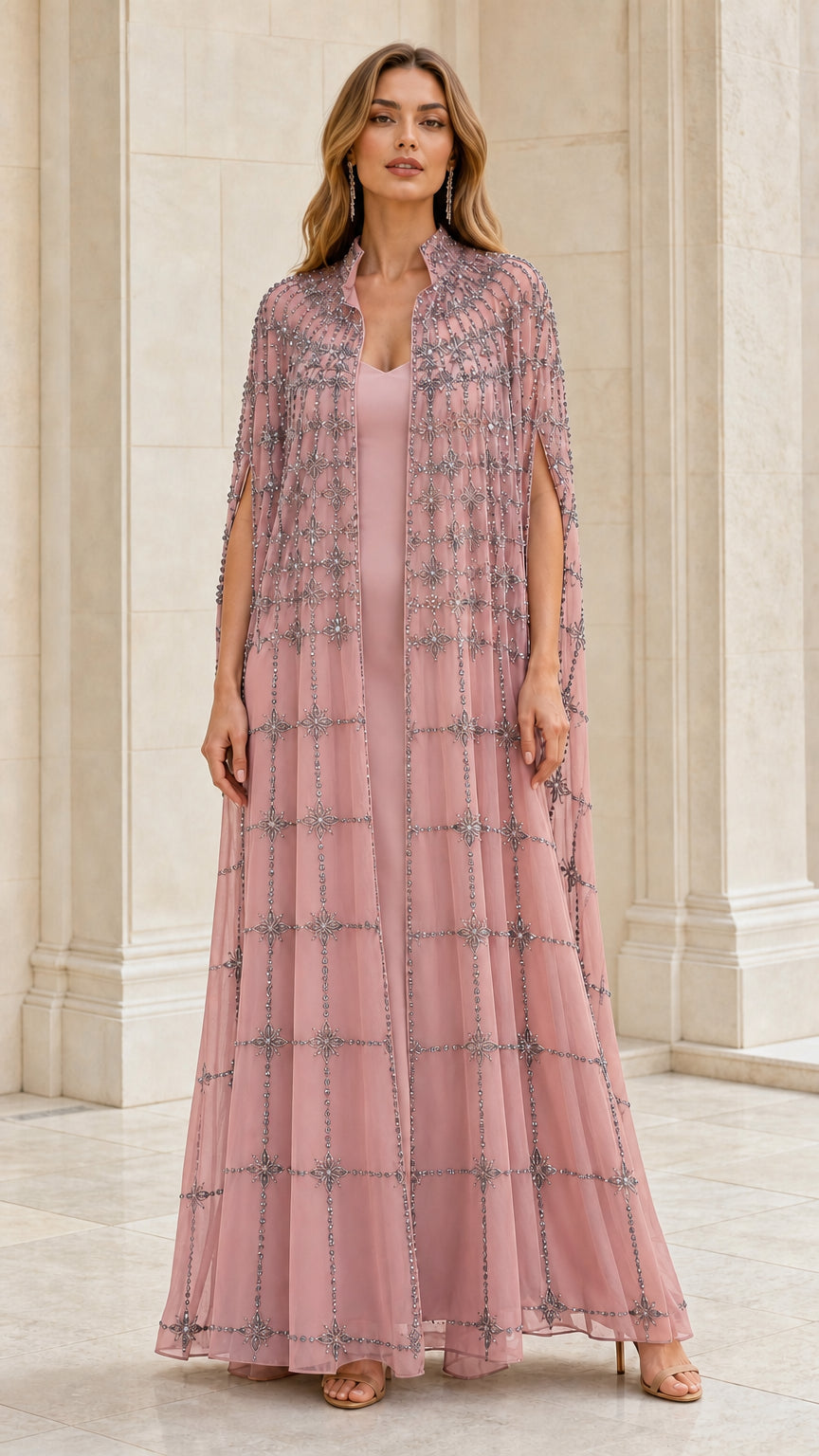 Front view of pink embellished evening cape and gown set