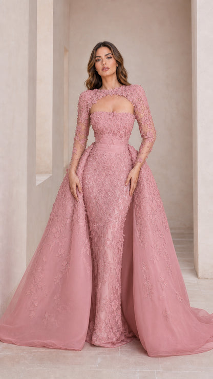 Front view of dusty pink formal gown with sheer sleeves