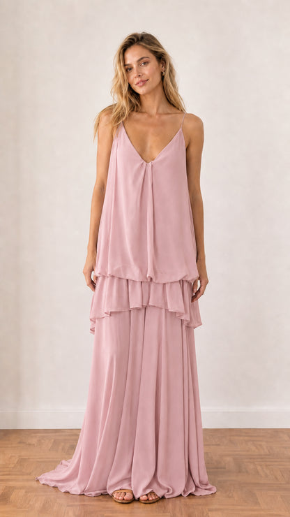 Model wearing Blush Pink tiered ruffle cami evening dress