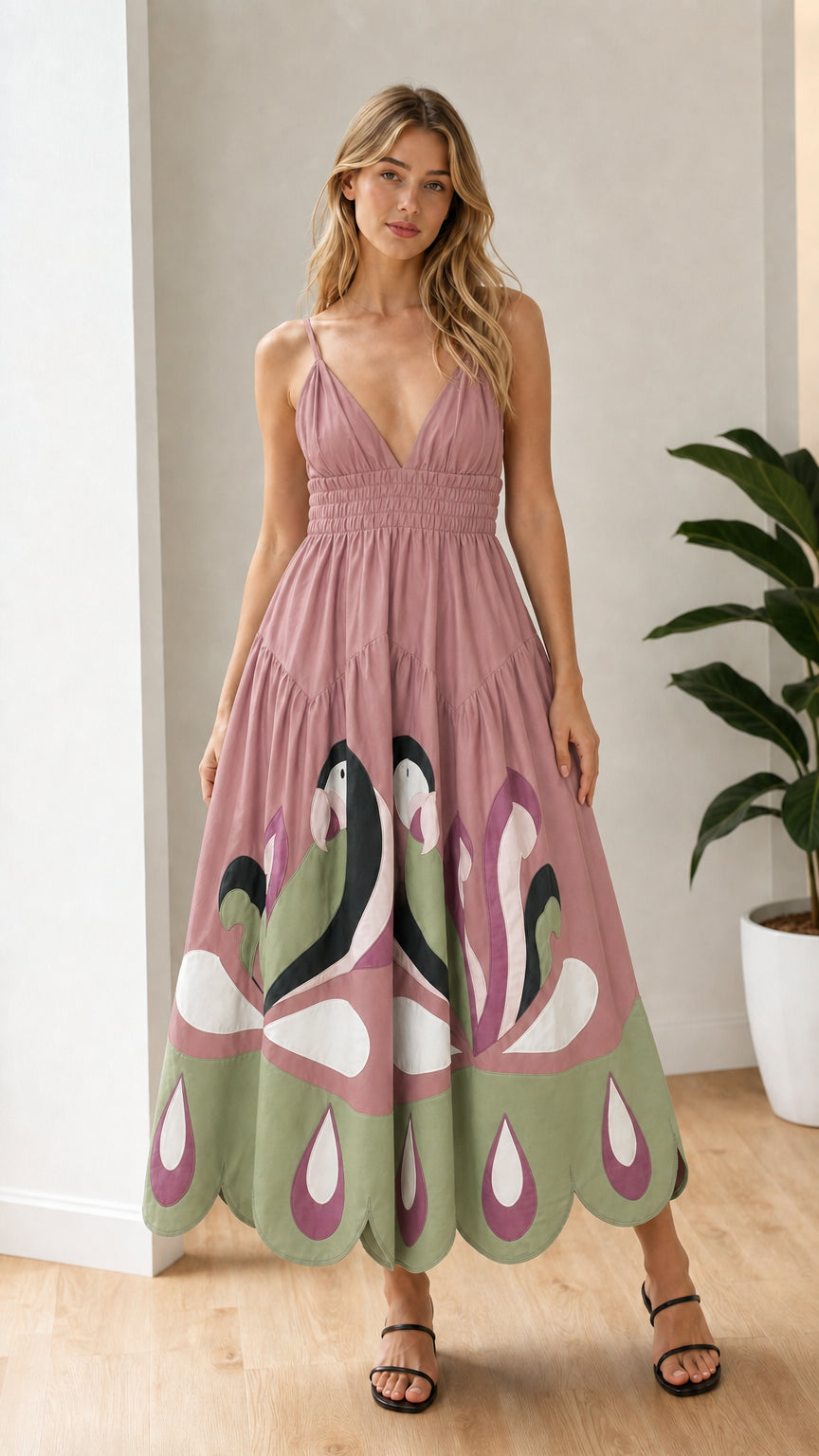 Dusty pink color variant of the smocked maxi dress