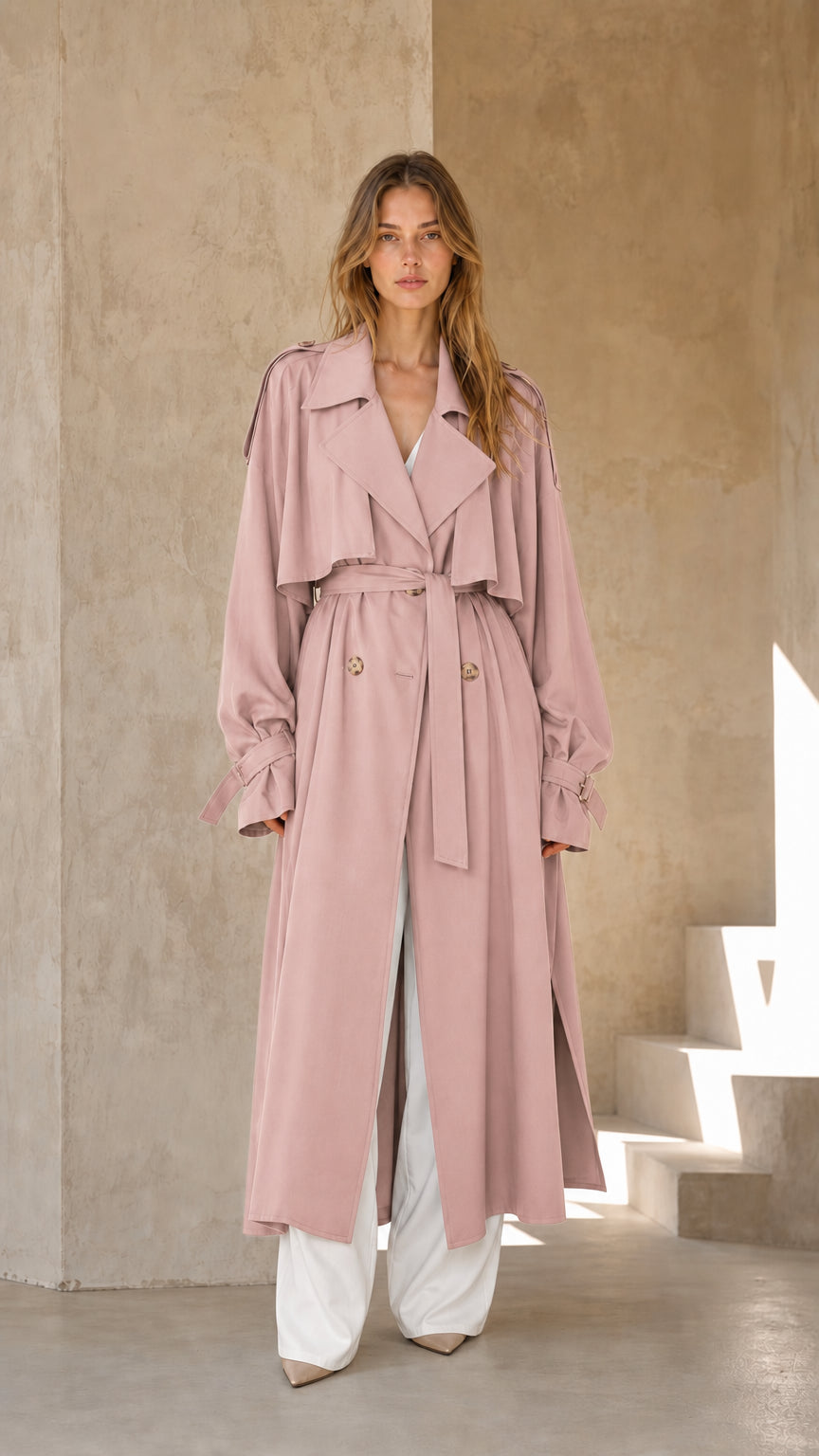 Woman wearing dusty pink long trench coat