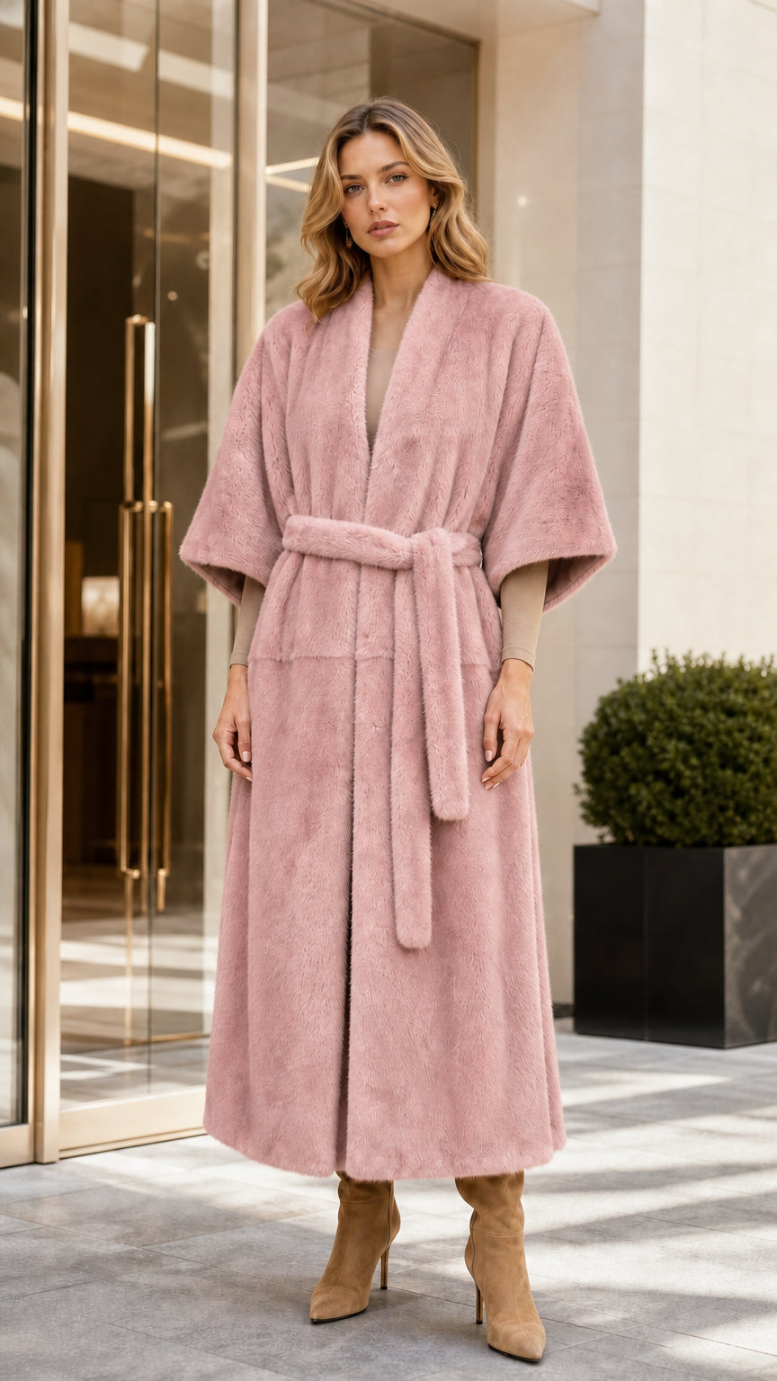 Front view of woman wearing long pink faux fur coat