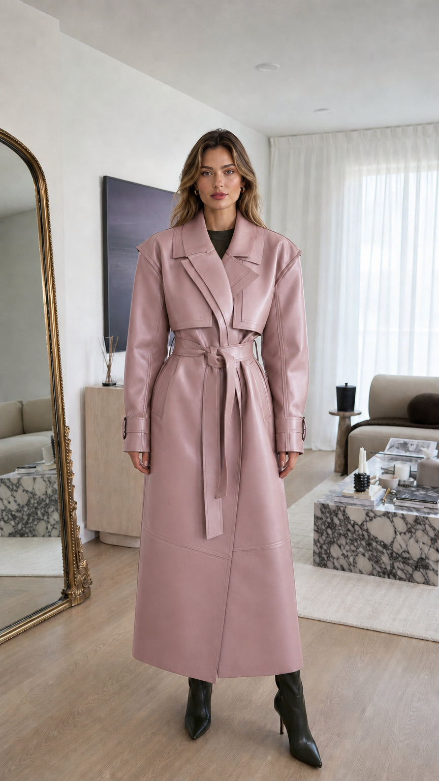 Front view of woman wearing pink faux leather trench coat