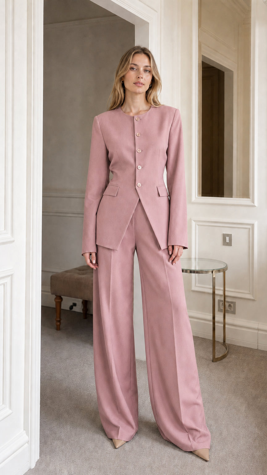 Full view of pink tailored blazer and wide leg pants
