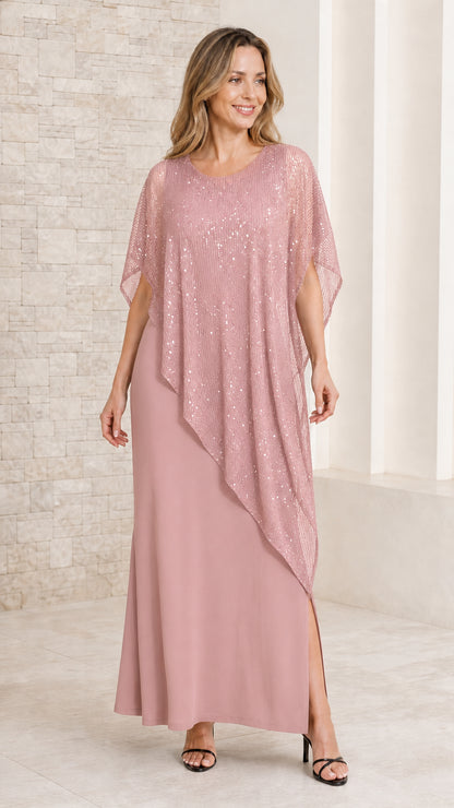 Front view of model in dusty pink maxi dress with matching sequined capelet overlay