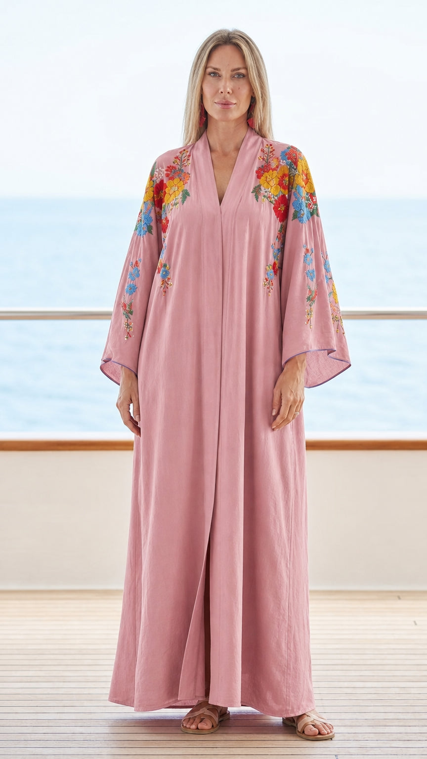 Model wearing pink floral embroidered maxi kaftan dress