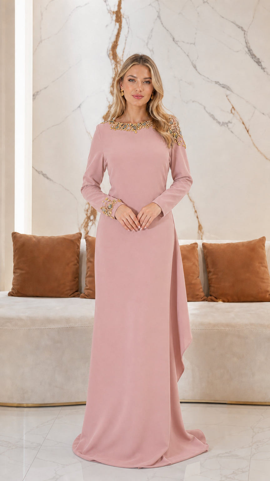 Dusty pink long sleeve embellished evening maxi dress