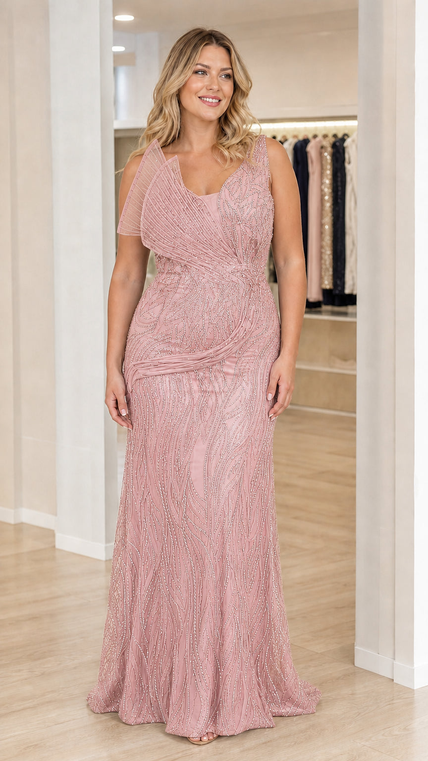 Dusty rose pink embellished mother of the bride maxi dress