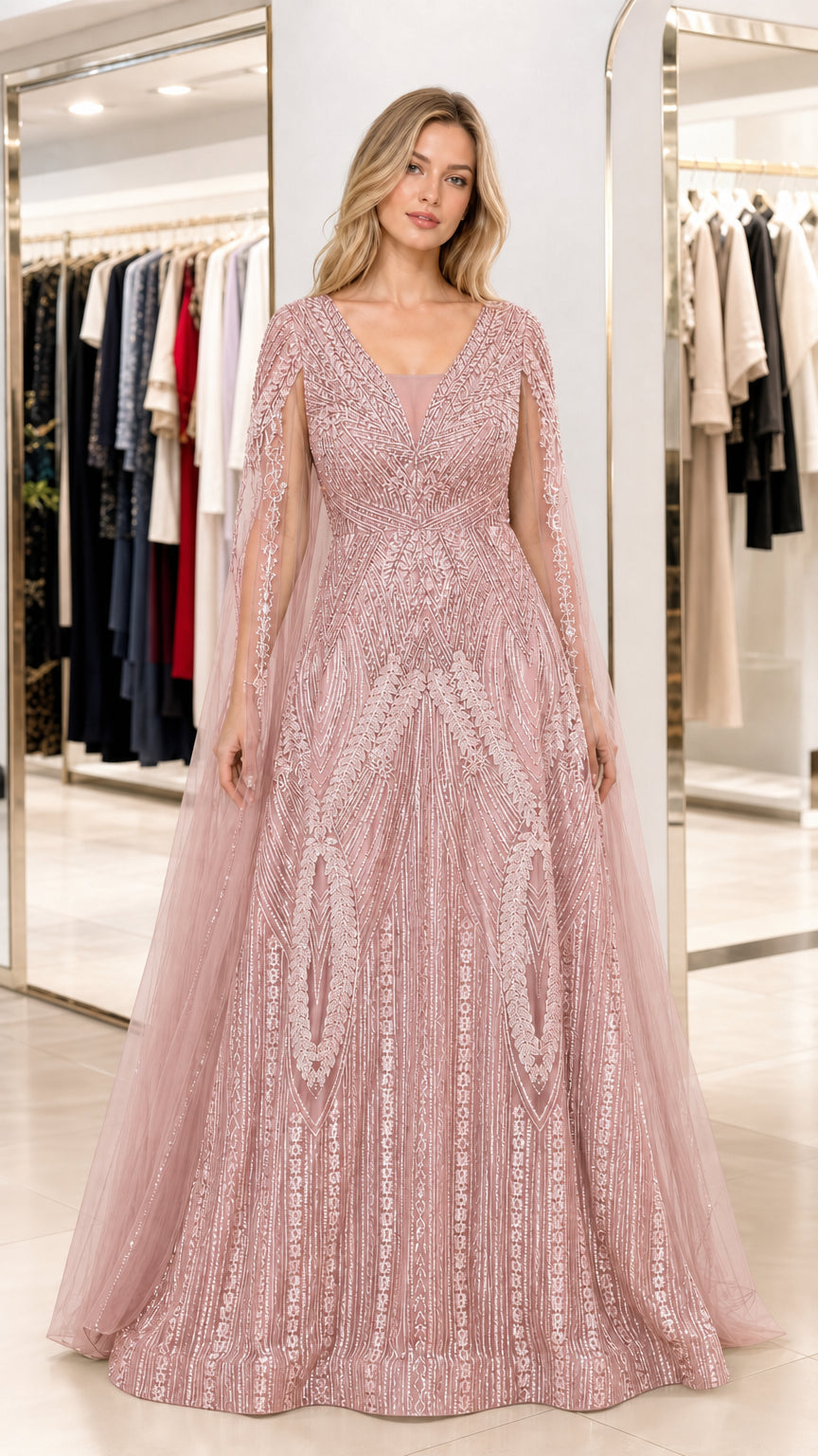 Front view of dusty pink sequin embellished formal gown with cape sleeves