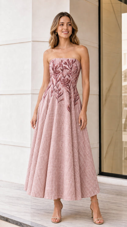 Front view of model wearing pink strapless embroidered midi dress