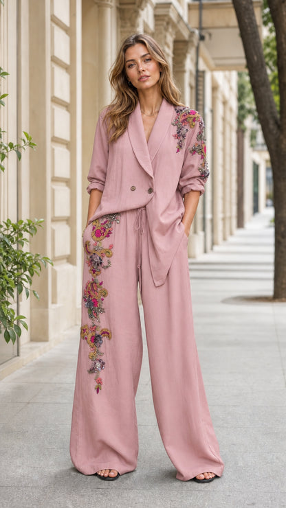 Front view of woman wearing pink embroidered blazer and wide-leg pants set