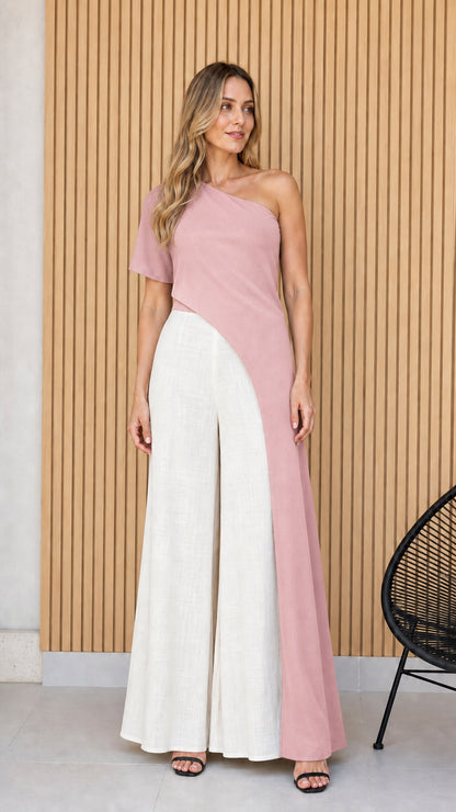 Front view of pink and white one-shoulder wide-leg jumpsuit
