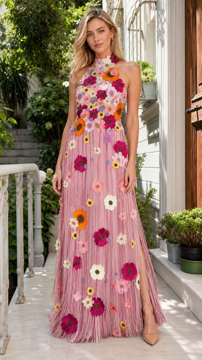 Full length view of model wearing light pink multi floral applique maxi dress