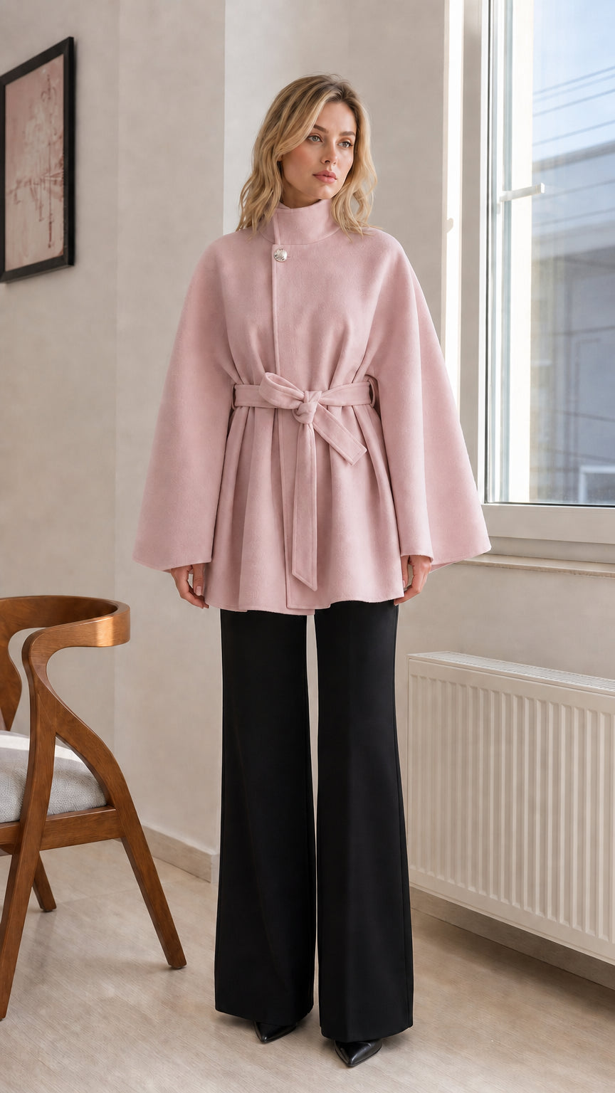 Dusty pink belted cape jacket with stand collar and wide flared sleeves