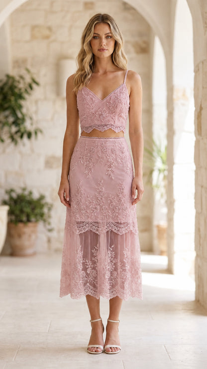 Embroidered lace two-piece midi set in pink