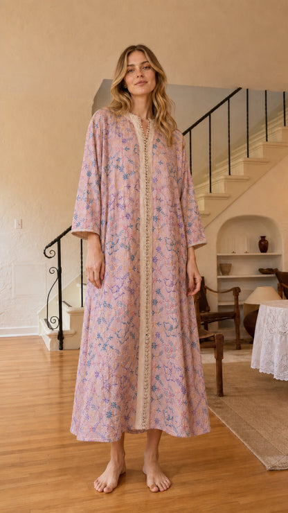 Front view of pink floral embroidered kaftan dress