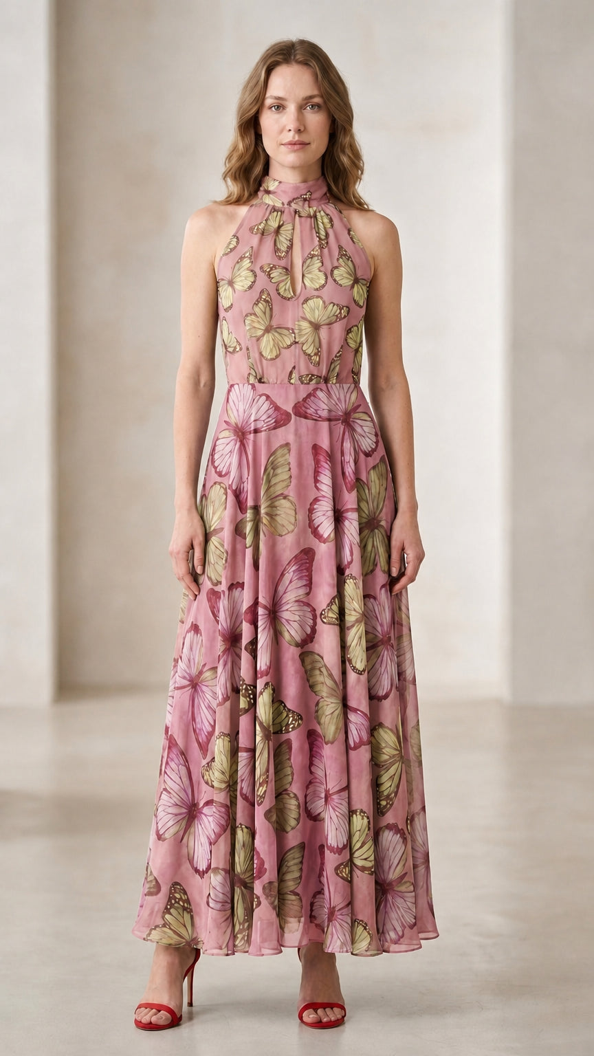 Front view of woman modeling dusty pink butterfly print halter maxi dress