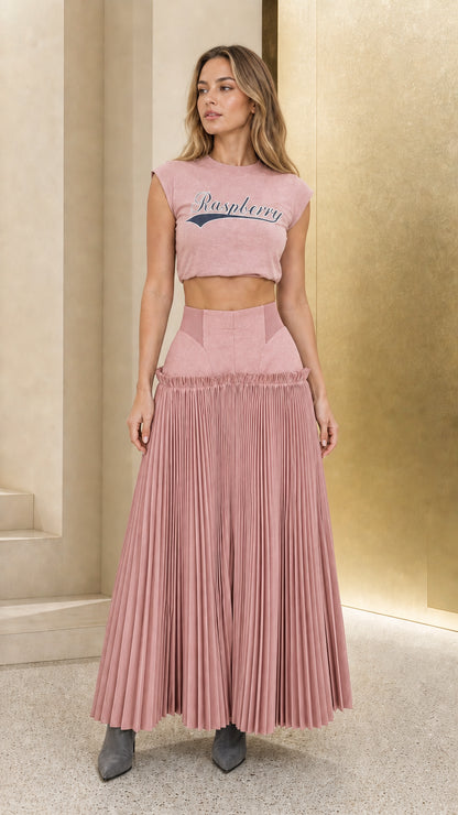 Pink color variant of the pleated maxi skirt set