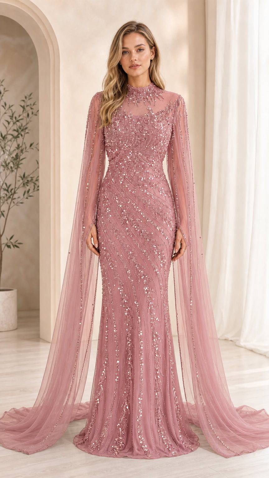 Pink variant of the sequin evening gown with cape