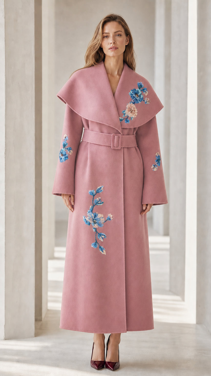Front view of Pink floral embroidered long trench coat