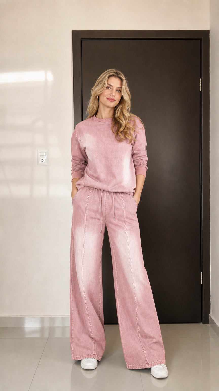 Model wearing the Dusty Pink vintage wash two-piece loungewear set