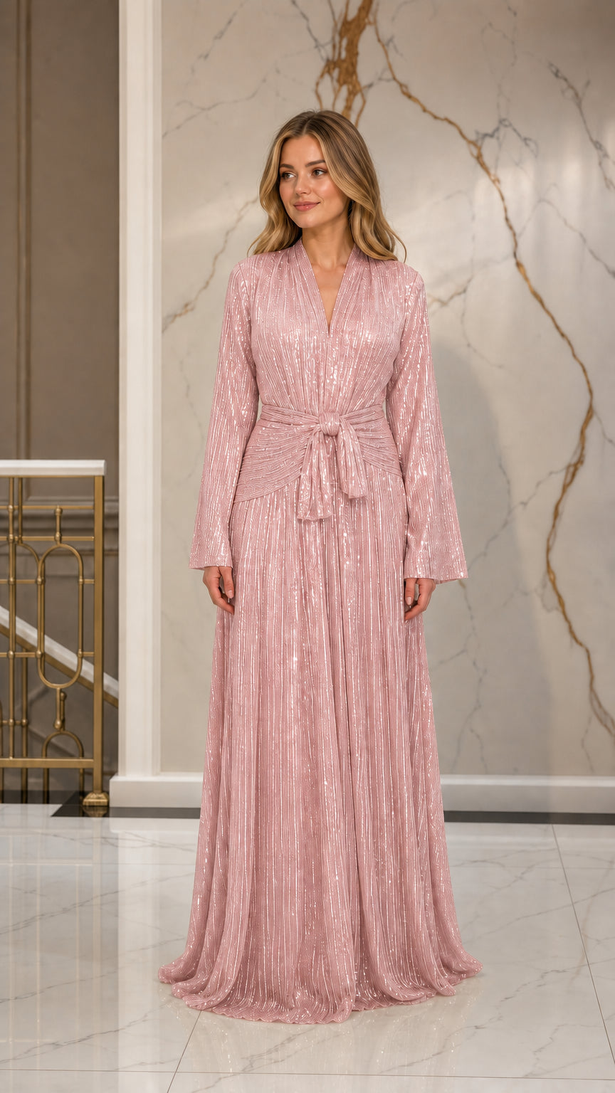 Blush pink pleated shimmer long sleeve formal evening dress
