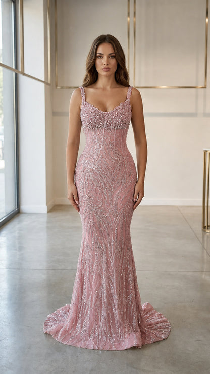 Front view of pink beaded evening dress