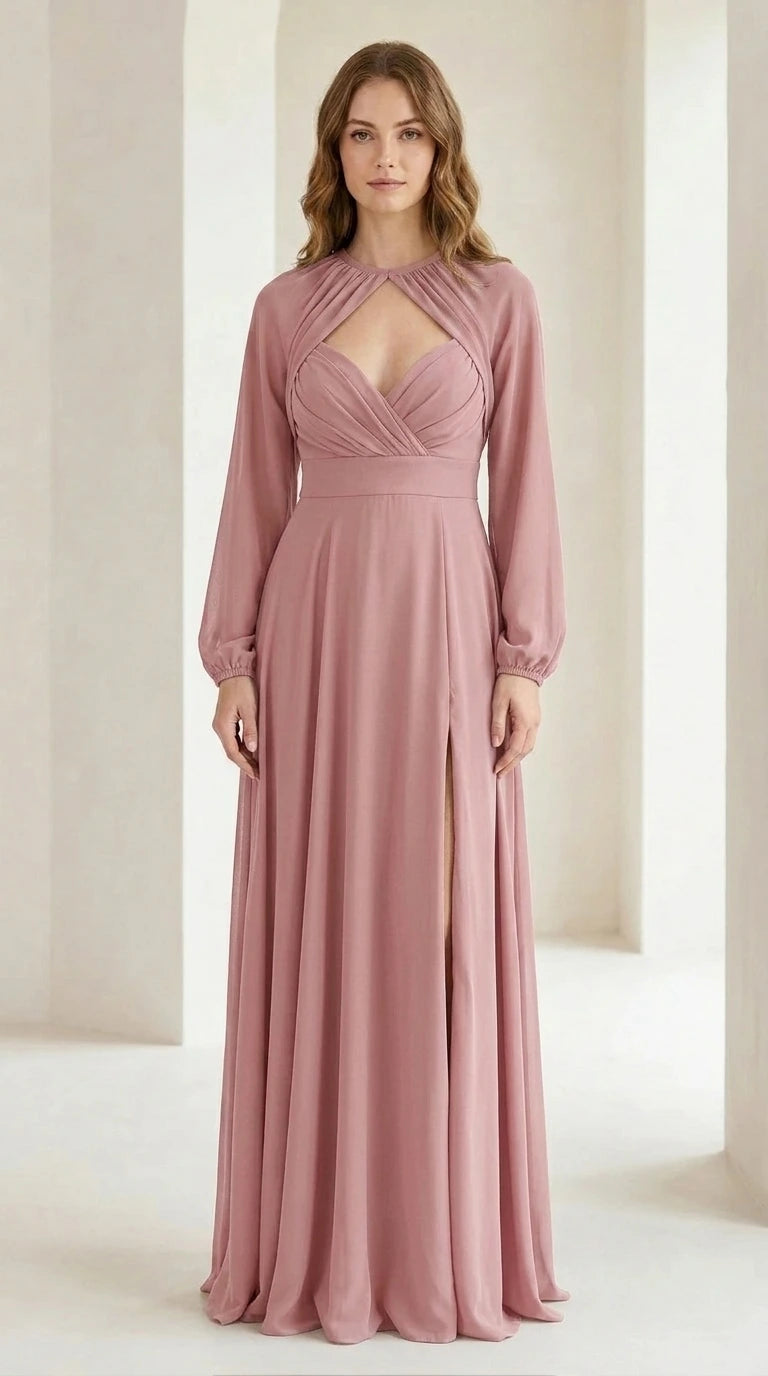 Front view of dusty pink long sleeve cutout maxi dress