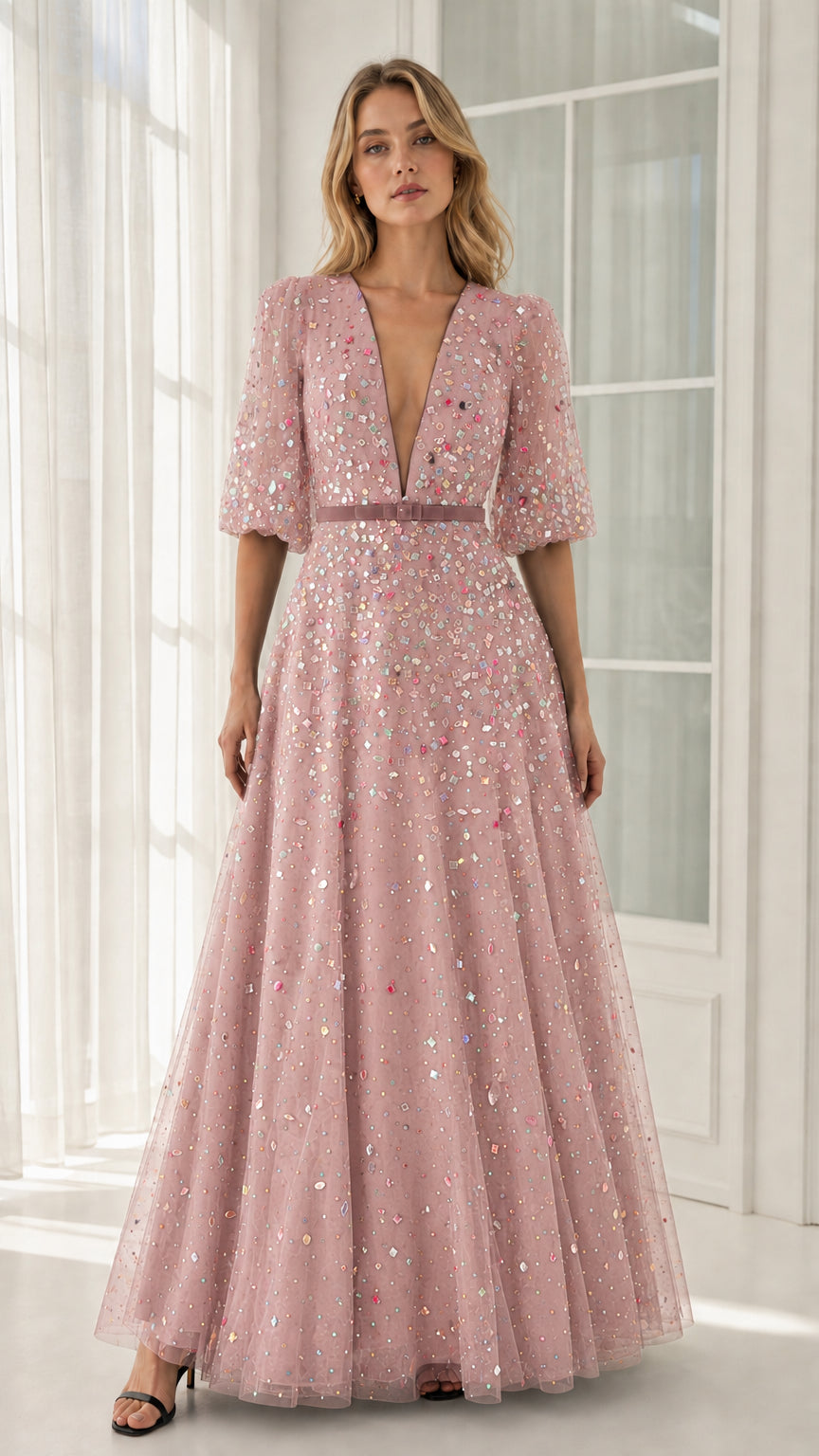 Front view of pink crystal-embellished tulle evening gown