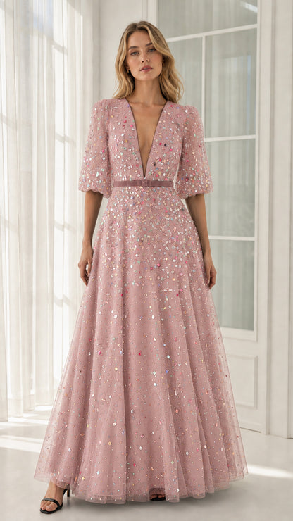 Front view of pink crystal-embellished tulle evening gown