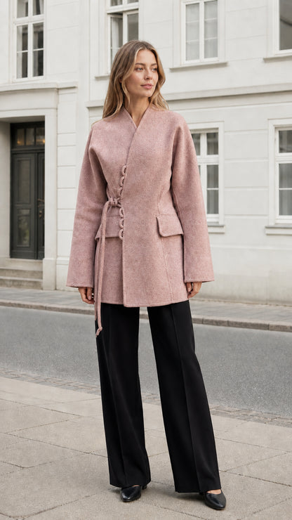 Front view of the women's dusty rose wrap coat with tie waist and decorative buttons