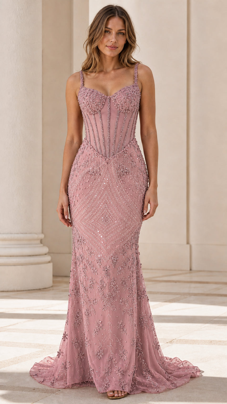 Front view of pink beaded corset evening dress