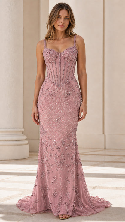 Front view of pink beaded corset evening dress