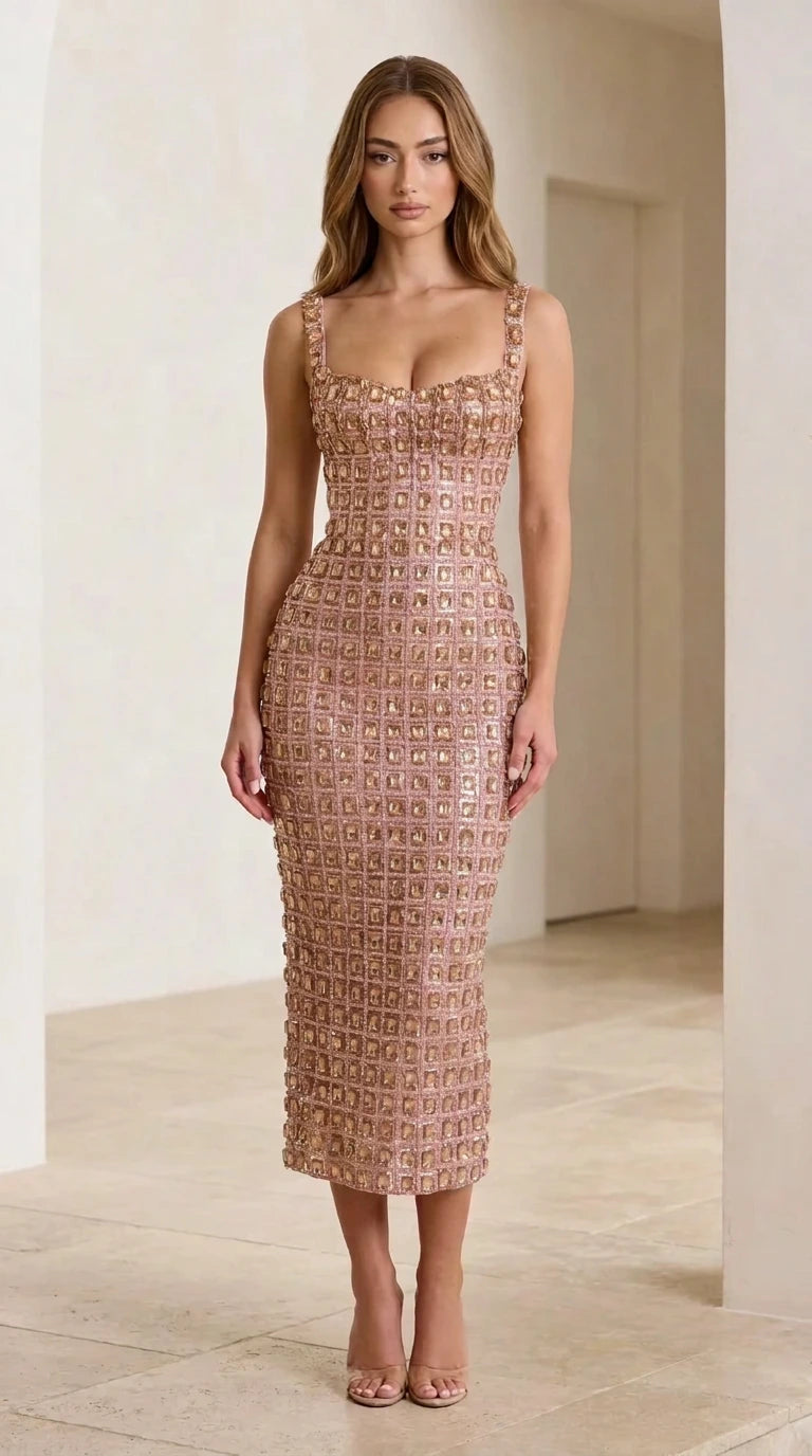 Model wearing rose gold sequin bodycon dress