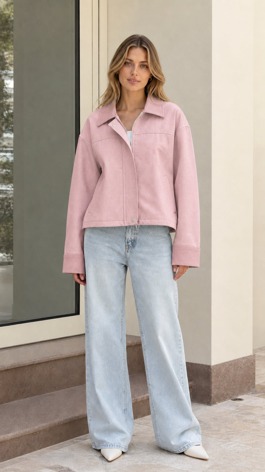Model wearing dusty pink cropped utility jacket with wide-leg jeans
