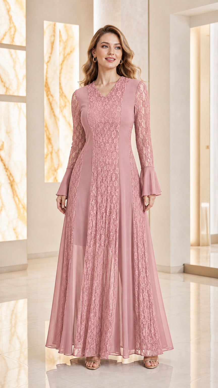 Front view of woman wearing dusty pink lace inset evening maxi dress