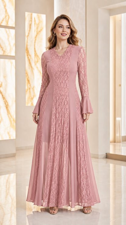 Front view of woman wearing dusty pink lace inset evening maxi dress