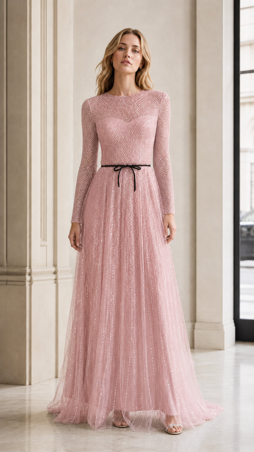 Front view of model in pink sequin evening gown