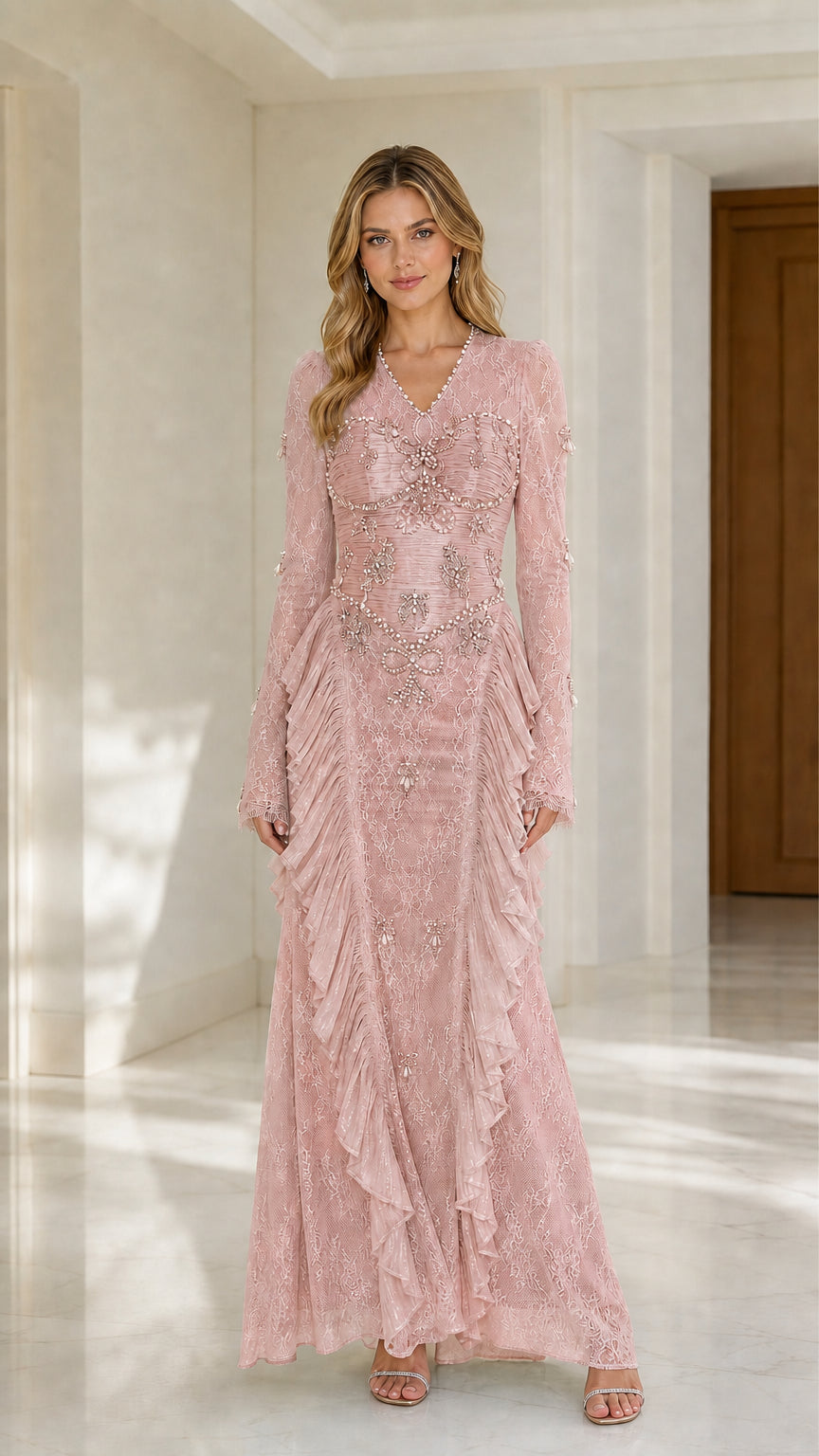 Blush Pink V-Neck Beaded Lace Formal Gown with Cascading Ruffles