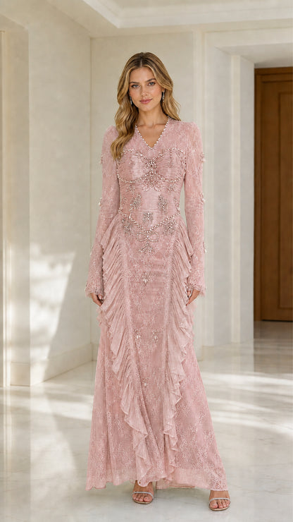 Blush Pink V-Neck Beaded Lace Formal Gown with Cascading Ruffles