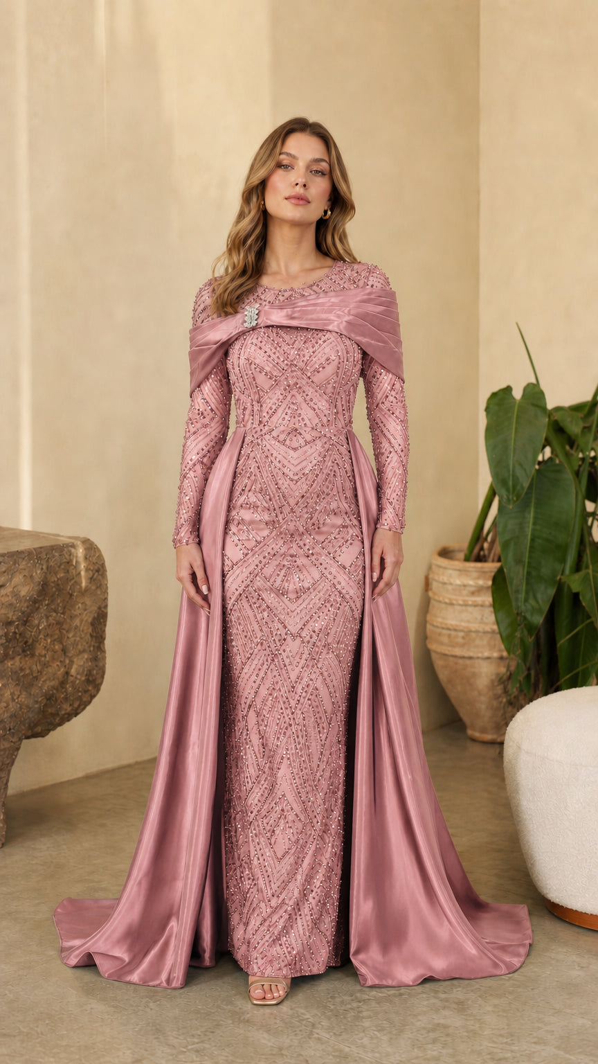 Full front view of model wearing Dusty Rose pink sequined evening gown with matching satin overskirt