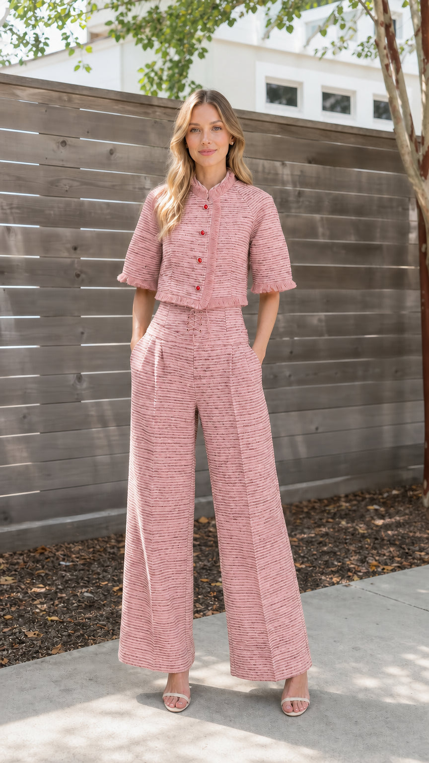Front full view of pink tweed two-piece set