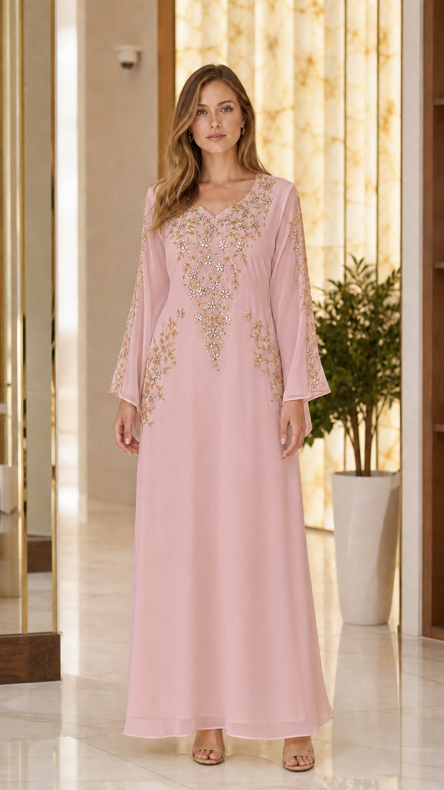 Dusty Pink long sleeve kaftan maxi dress with metallic gold embroidery