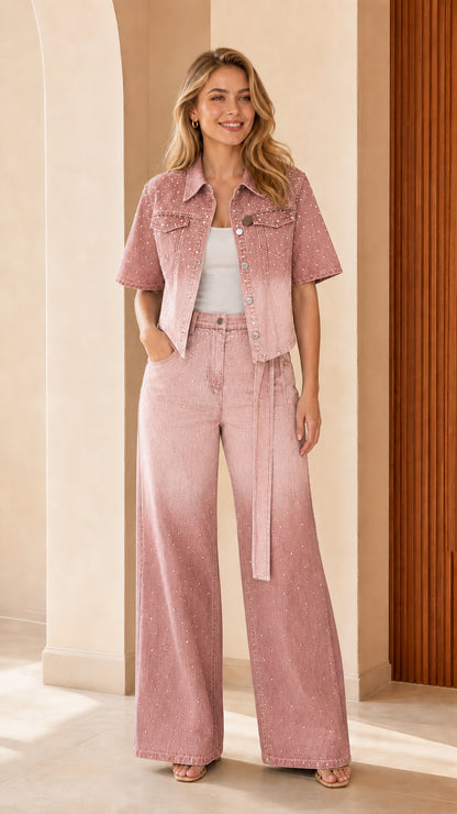 Front view of dusty pink ombre rhinestone denim two-piece pants set