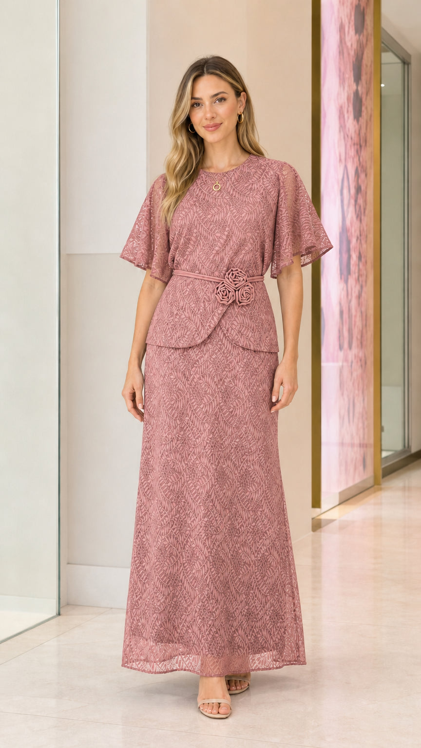 Model wearing mauve lace maxi dress