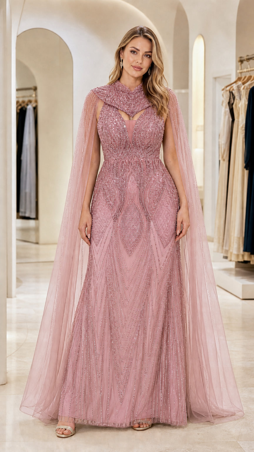 Dusty Rose beaded evening gown with matching floor-length sheer tulle cape
