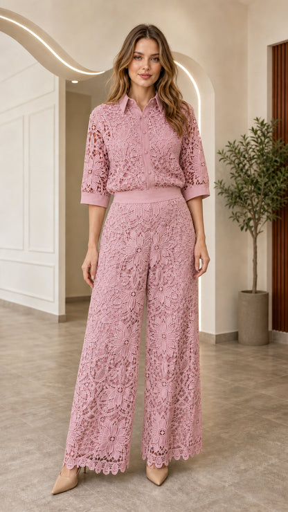 Dusty pink floral lace two-piece shirt and wide-leg pant set