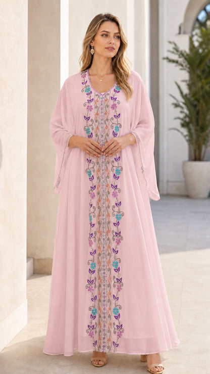 Blush pink embroidered chiffon kaftan maxi dress front view